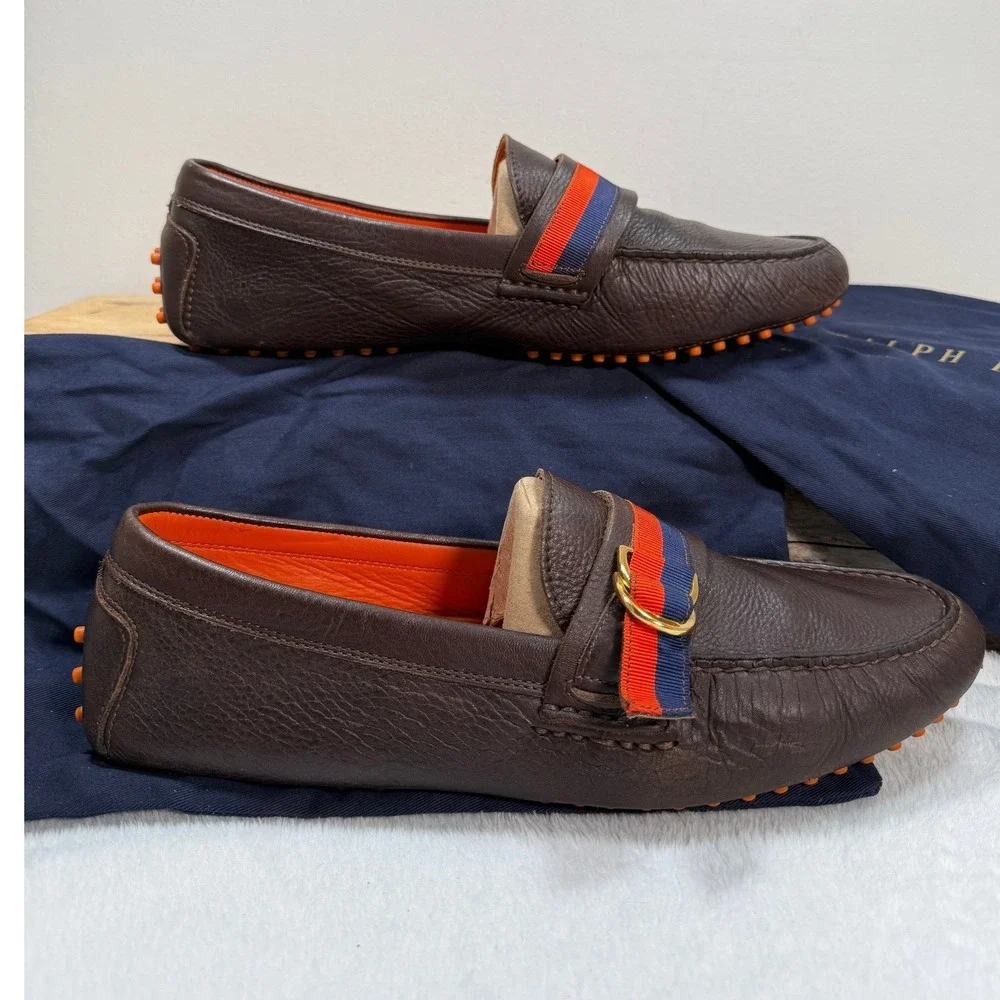 Ralph Lauren Hemming Driving Loafers Men Brown Leather Orange Sole 11 Italy
